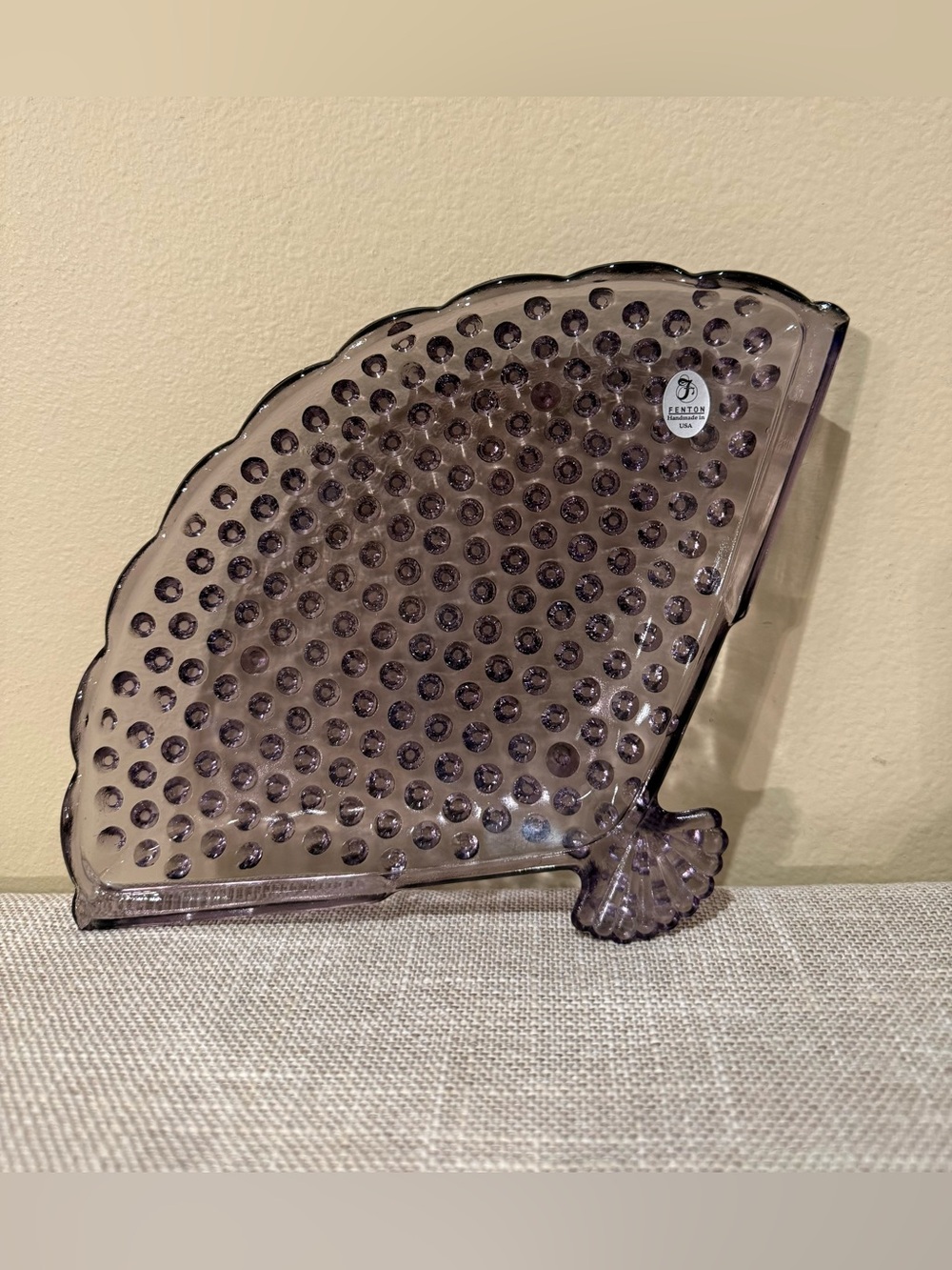 VTG Fenton Glass Smoke Amethyst Hobnail Fan Dish Vanity Trinquet Tray Signed